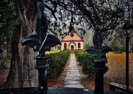 Historic church and garden path in Rugby, Tennessee